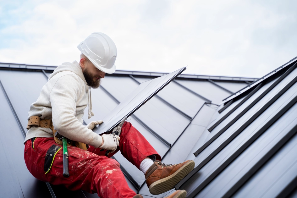 an independent roof inspector wearing hard hat helmet