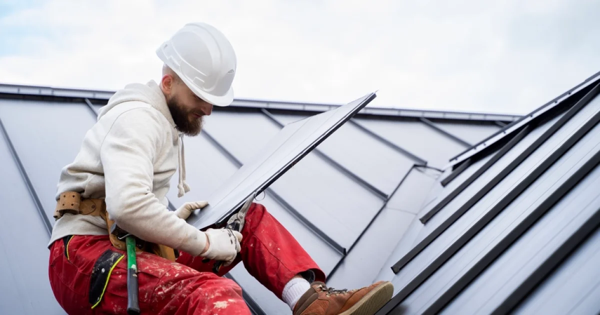 an independent roof inspector wearing hard hat helmet